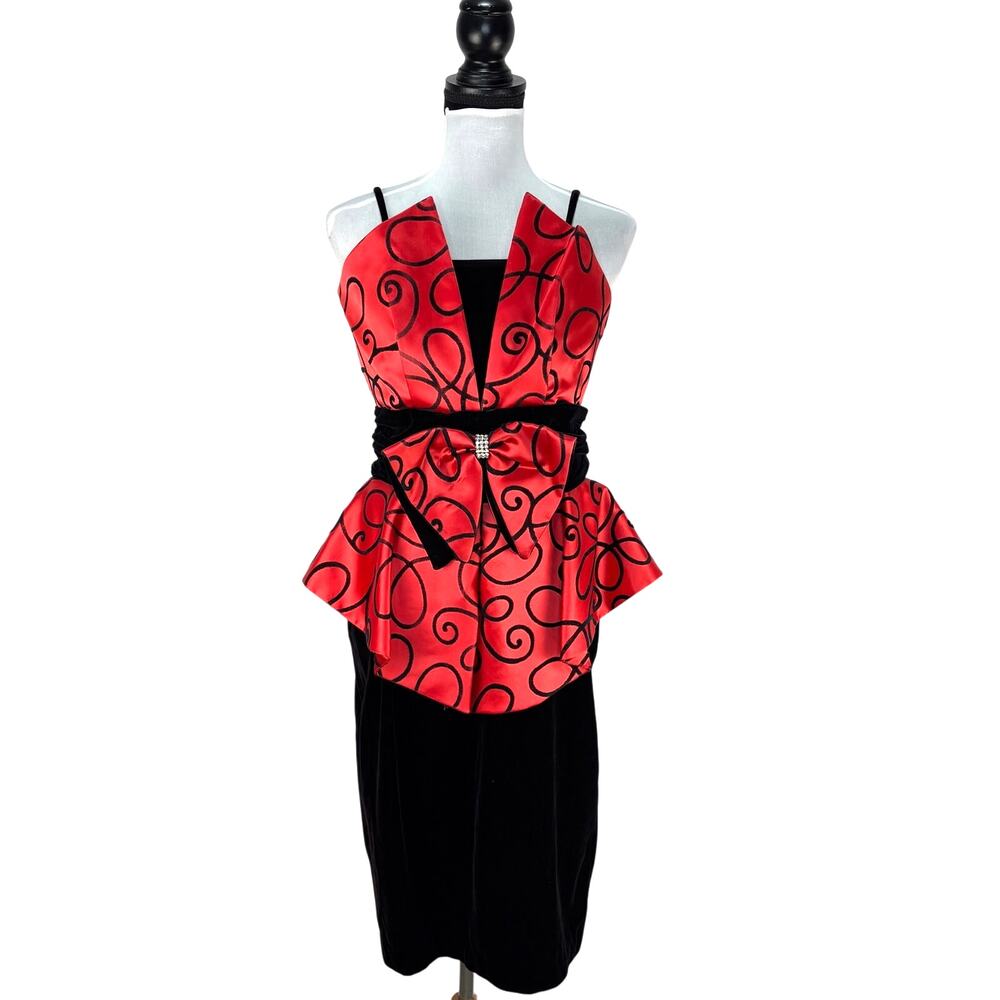 Vintage 80s 90s Black Velvet Red Trim Sheath Slip Dress - Women's 11/12